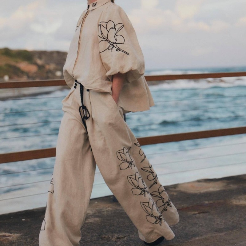 Linen Pant Wide - Elegant Women Linen Boho Two Piece