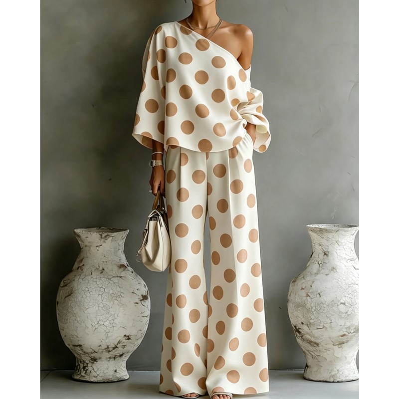 Women's Polka Dot 2 Piece Outf - Blouse Off Shoulder 리뷰 및 가격