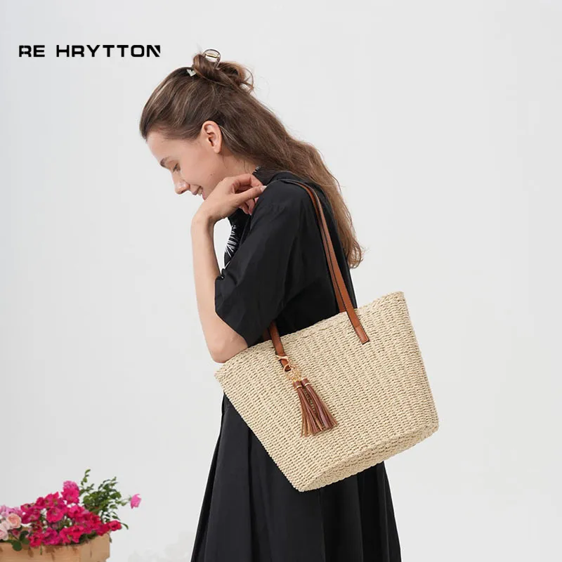 Fringed Straw Tote Bag Handwov - Tote Bag Beach 리뷰 및 가격