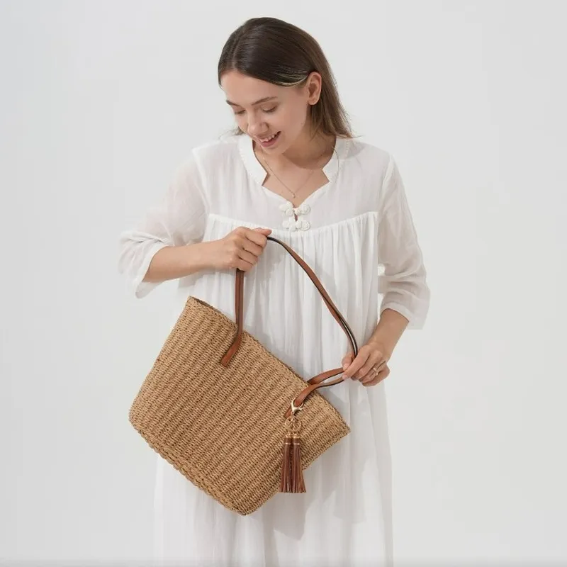 Fringed Straw Tote Bag Handwov - Tote Bag Beach 리뷰 및 가격