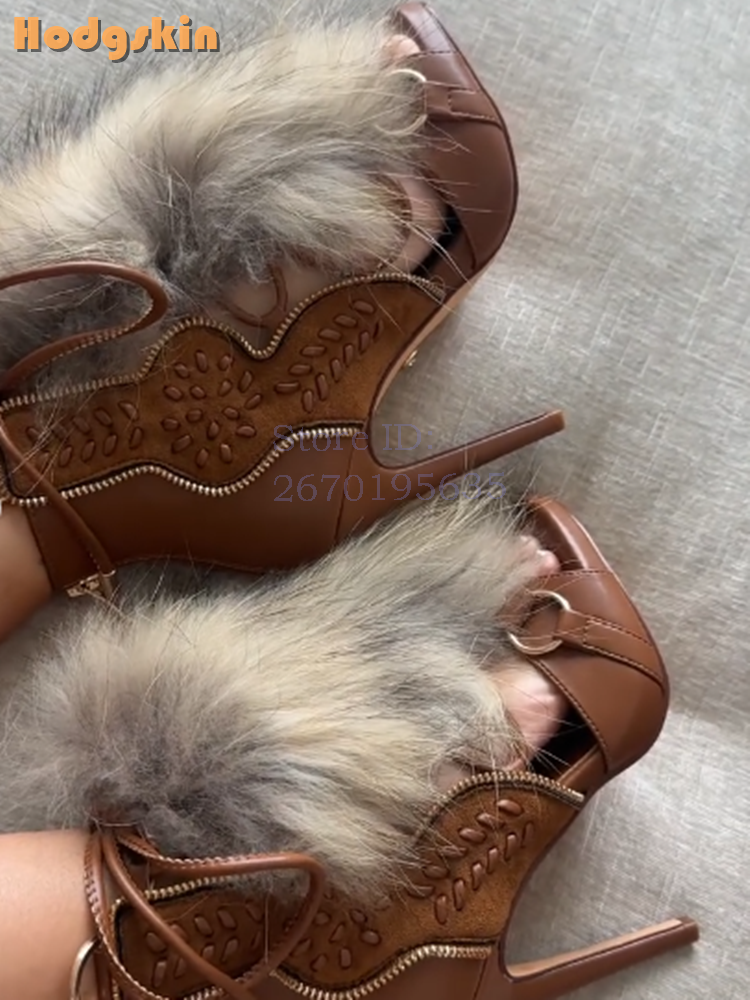 Patchwork Suede Faux Fur Decor - Sandal Strappy Heeled 리뷰 및 가격