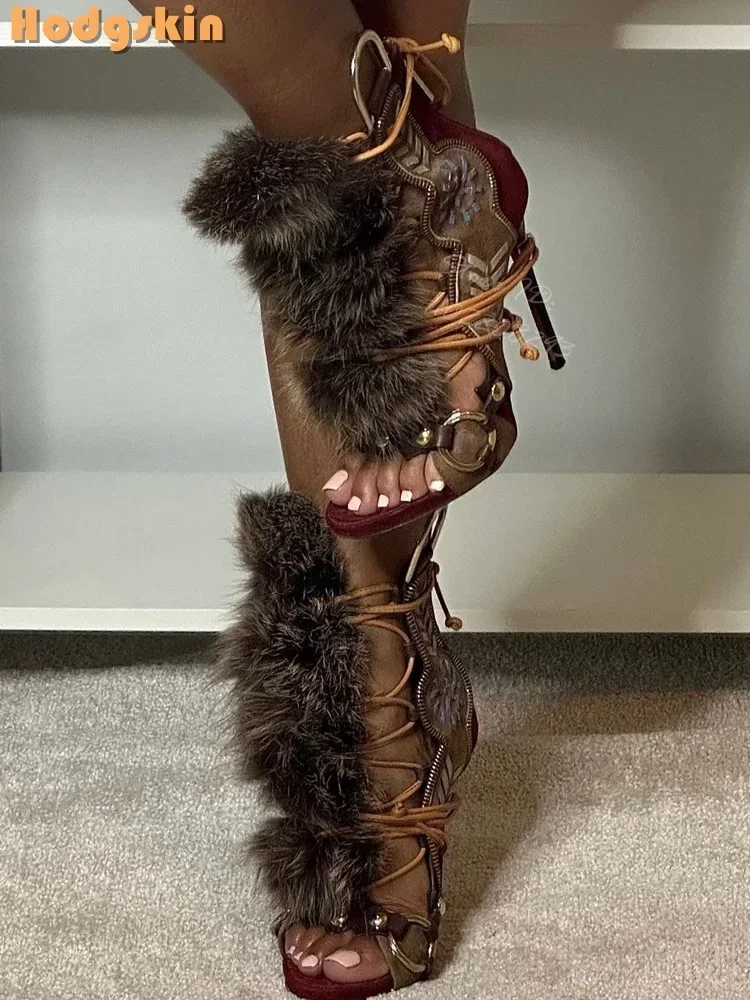 Patchwork Suede Faux Fur Decor - Sandal Strappy Heeled 리뷰 및 가격