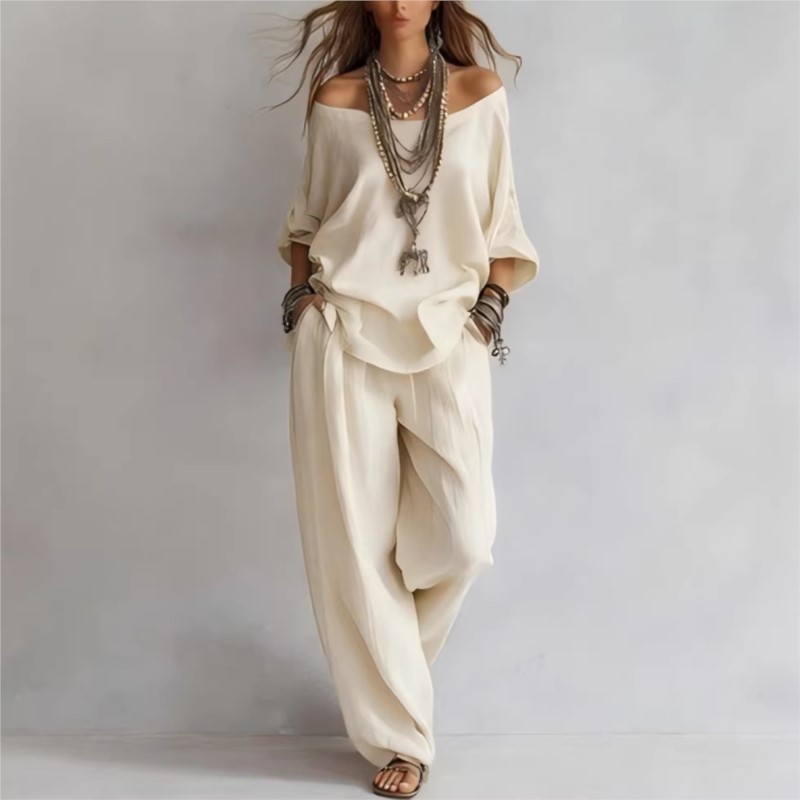 Women's Two-piece Three-quarte - Linen Pant Wide 리뷰 및 가격