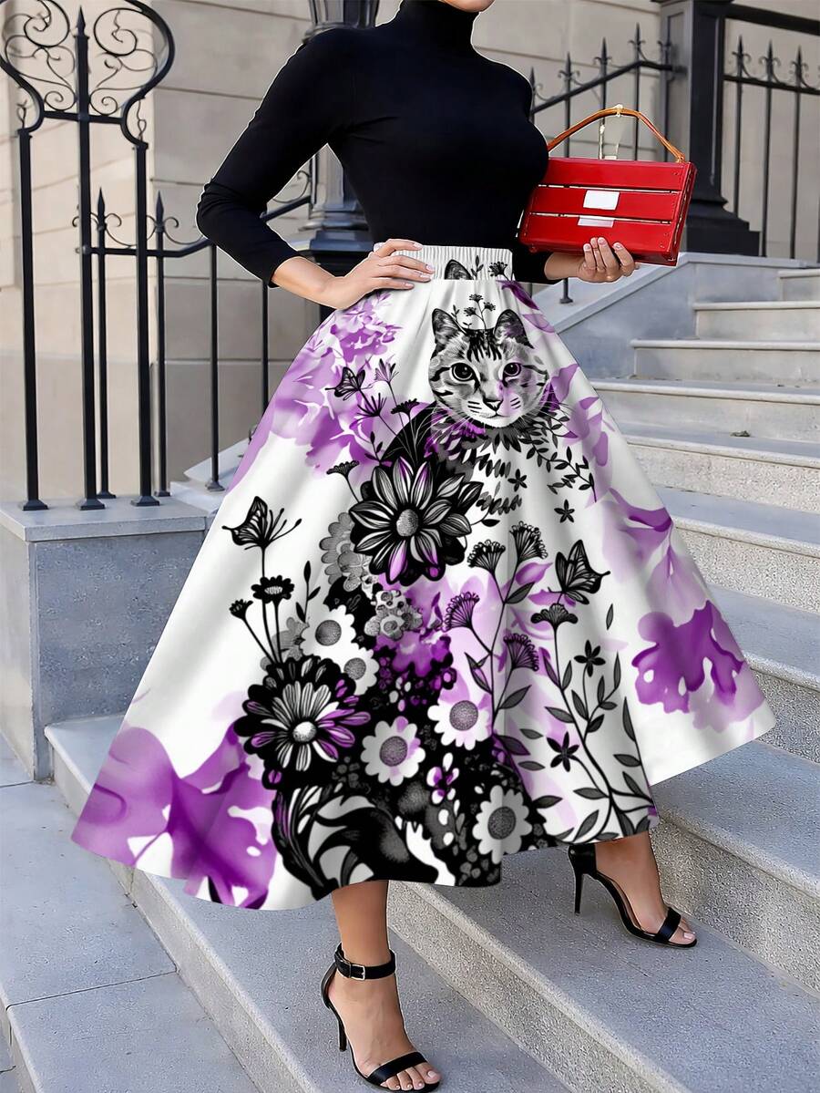Oversized Floral Cat Print Mid - Midi Skirt Floral 리뷰 및 가격