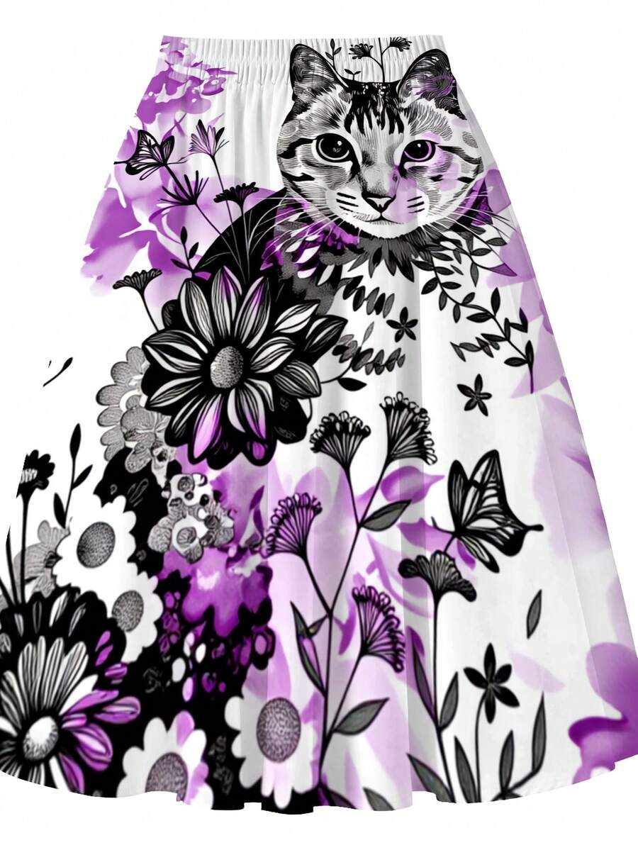 Oversized Floral Cat Print Mid - Midi Skirt Floral 리뷰 및 가격