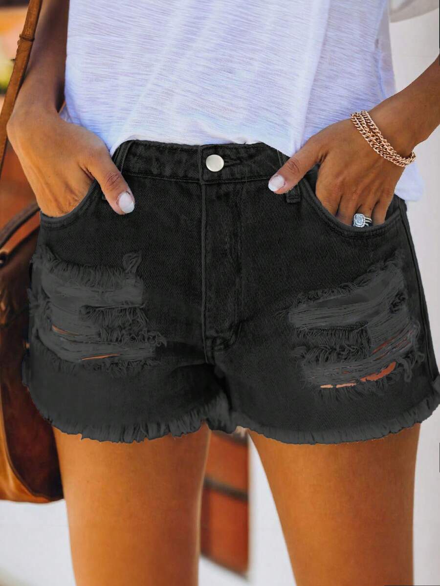Mid Waist Washed Denim Shorts  - Shorts Denim Frayed 리뷰 및 가격