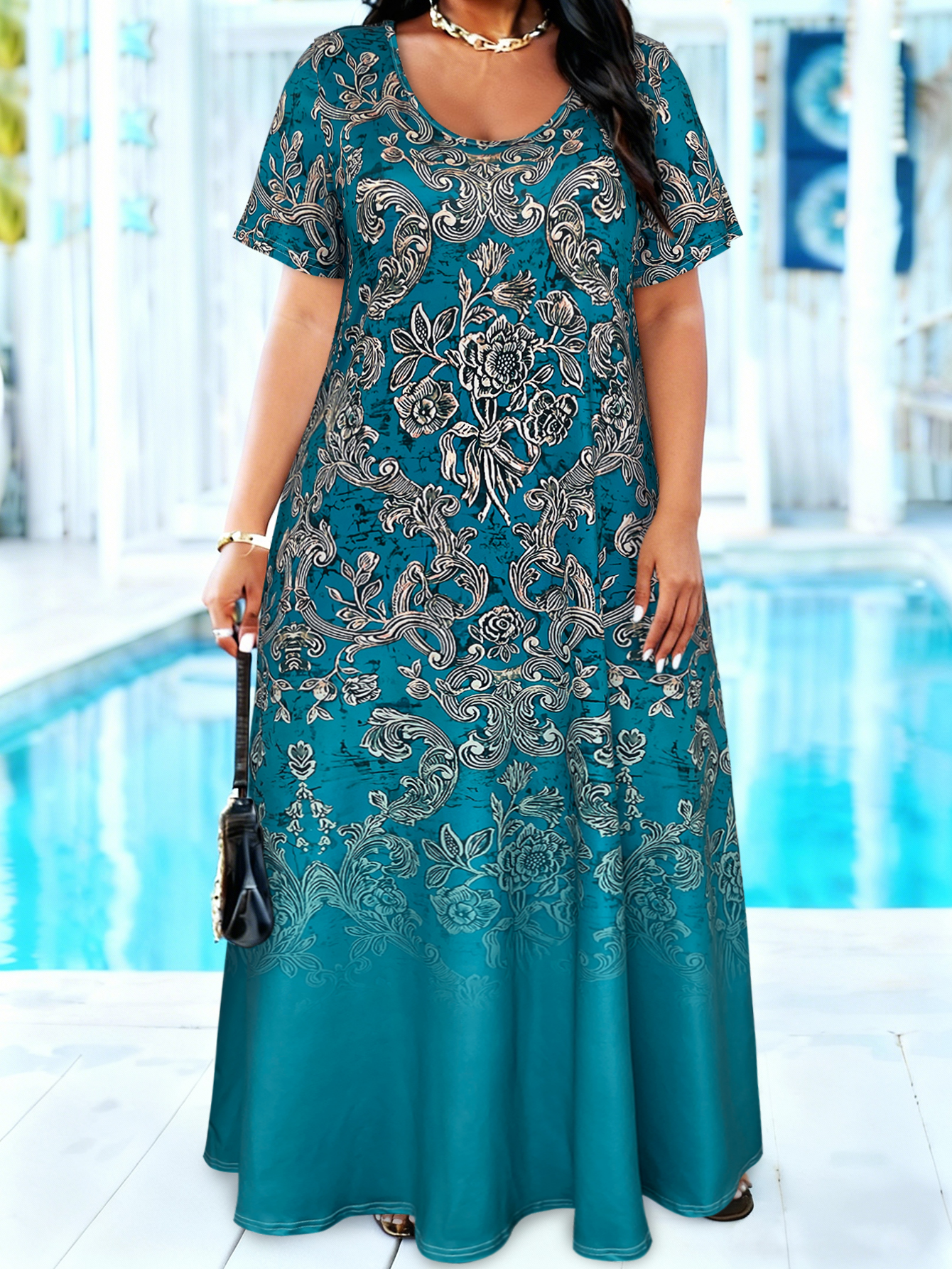 Plus Size Teal Baroque Floral  - Romper Floral Print 리뷰 및 가격